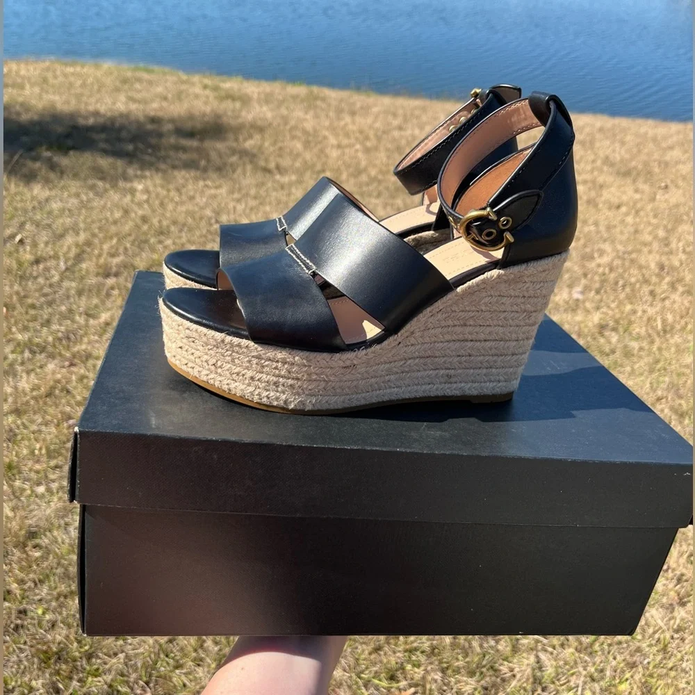 Coach Black Leather Espadrille Wedge Sandals